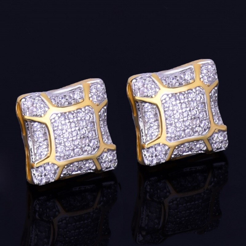 Cracked Ice | 11MM 14k Gold Silver Square Men's Iced Blinged Out Screw Back Earrings
