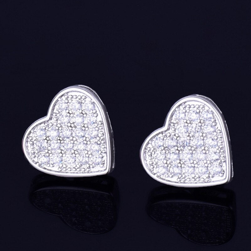 Heart-Shaped | 18k Gold Silver Stud VVS CZ Prong Set Bling Stone Screw Back Earrings