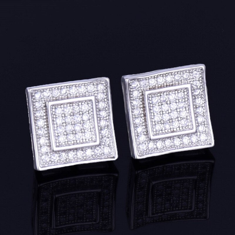 Double Square | 11MM 18k Gold Silver Flooded Ice Stud Hip Hop Screw Back Earrings