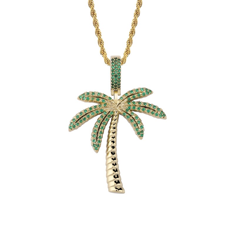 Flooded Ice AAA Micro Pave Coconut Palm Tree Hip Hop Pendant Chain Necklace