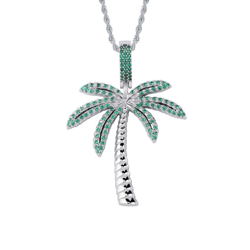 Flooded Ice AAA Micro Pave Coconut Palm Tree Hip Hop Pendant Chain Necklace