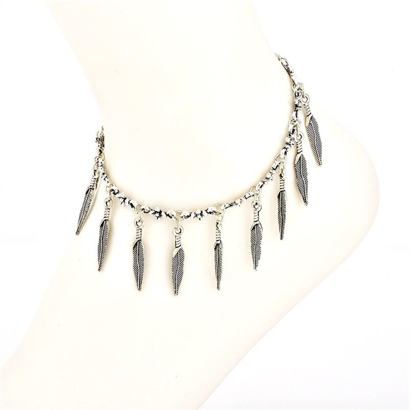 Classic Leaf Sea Shell Om Leather Chain Tassel Silver Multi Layer Anklet Ankle Bracelet