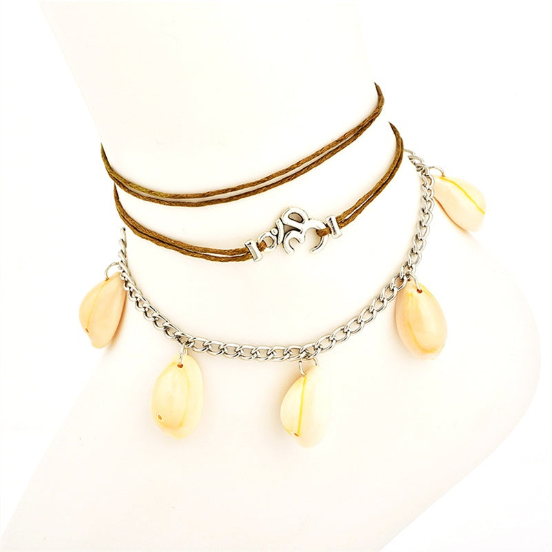 Classic Leaf Sea Shell Om Leather Chain Tassel Silver Multi Layer Anklet Ankle Bracelet