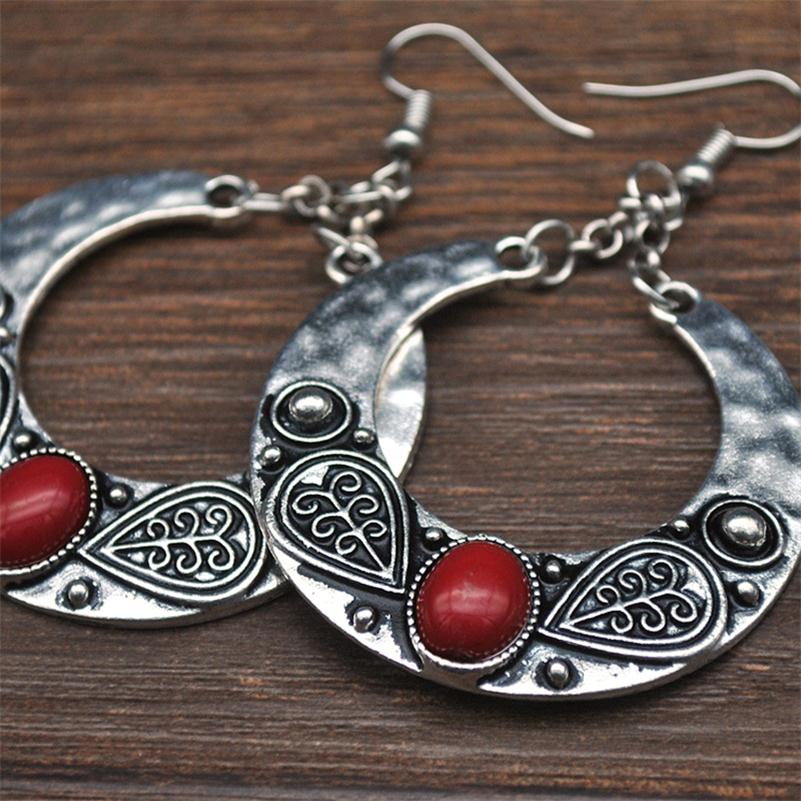 Ladies Silver  Vintage Bohemian Retro Fashion Carved Opal Water Drop Earrings