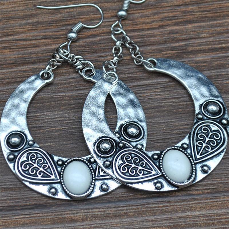 Ladies Silver  Vintage Bohemian Retro Fashion Carved Opal Water Drop Earrings