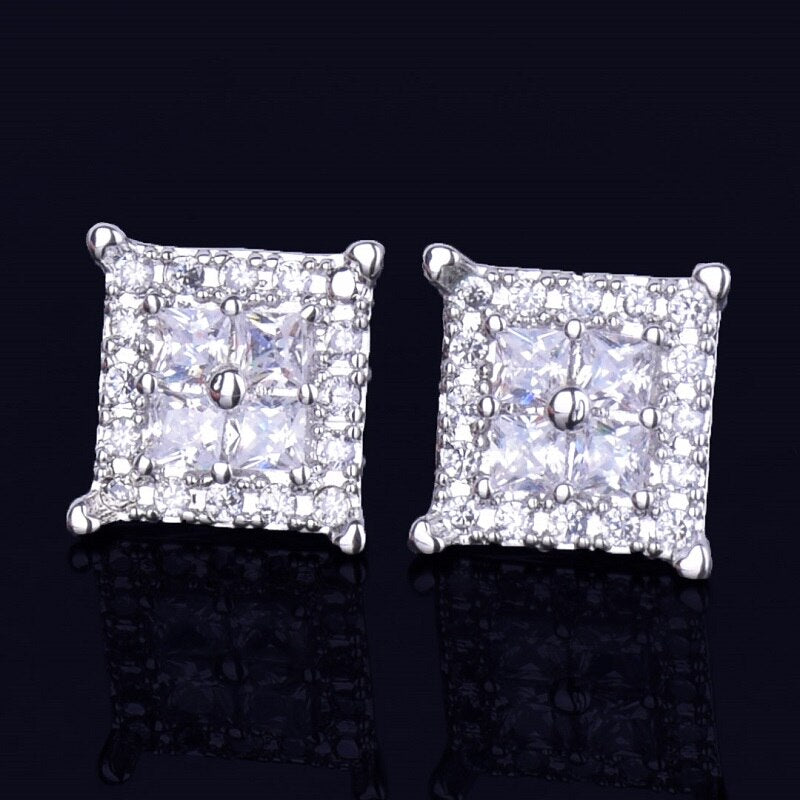 Spot Light | 12MM Hip Hop Square Baguette  VVS Diamond CZ Screw Back Earrings