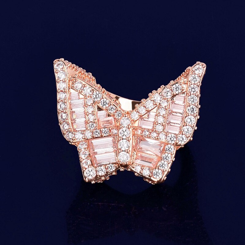 Real 18k Rose Gold .925 Silver Flooded Ice Baguette Butterfly Bustdown Iced Hip Hop Rings