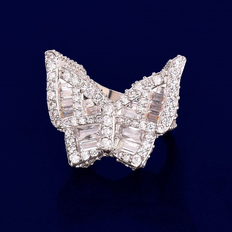 Real 18k Rose Gold .925 Silver Flooded Ice Baguette Butterfly Bustdown Iced Hip Hop Rings
