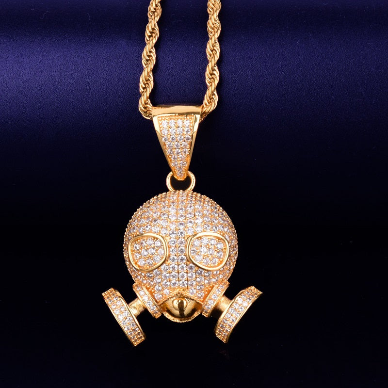 Flooded Ice True Micro Pave Hip Hop Skull Gas Mask 18k Gold .925 Silver Pendant Chain Necklace