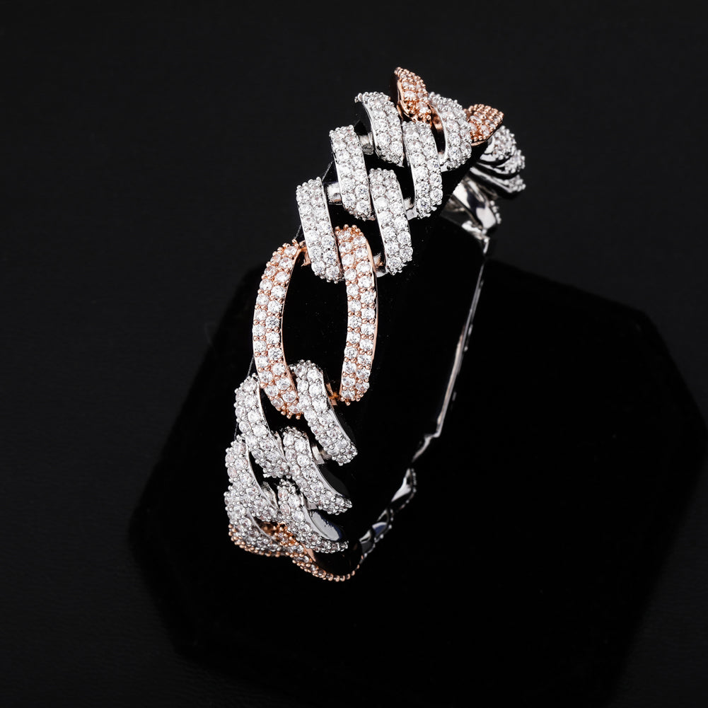 18mm Flooded Ice Three Link Figaro 14k Gold .925 Silver Hip Hop Bracelet