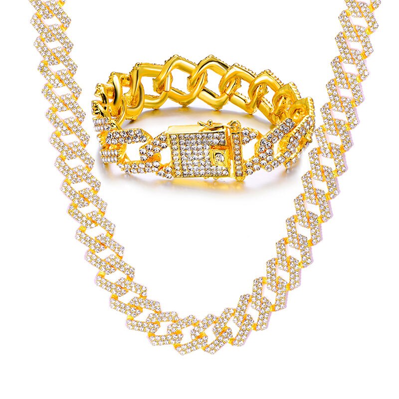 AAA Micro Pave 14k Gold .925 Silver 20mm Cuban Link Chain Necklace Bracelet Jewelry Set