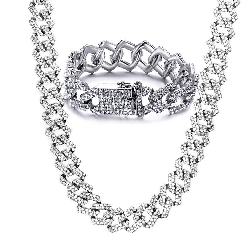 AAA Micro Pave 14k Gold .925 Silver 20mm Cuban Link Chain Necklace Bracelet Jewelry Set