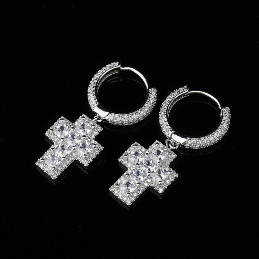 Arctic Majesty | Princess Cut Cross Drop Dangle Huggie Hip Hop Earrings