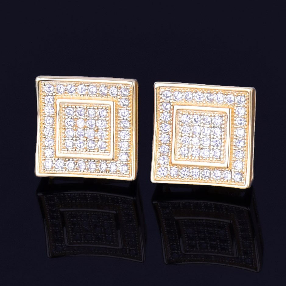 Double Square | 11MM 18k Gold Silver Flooded Ice Stud Hip Hop Screw Back Earrings