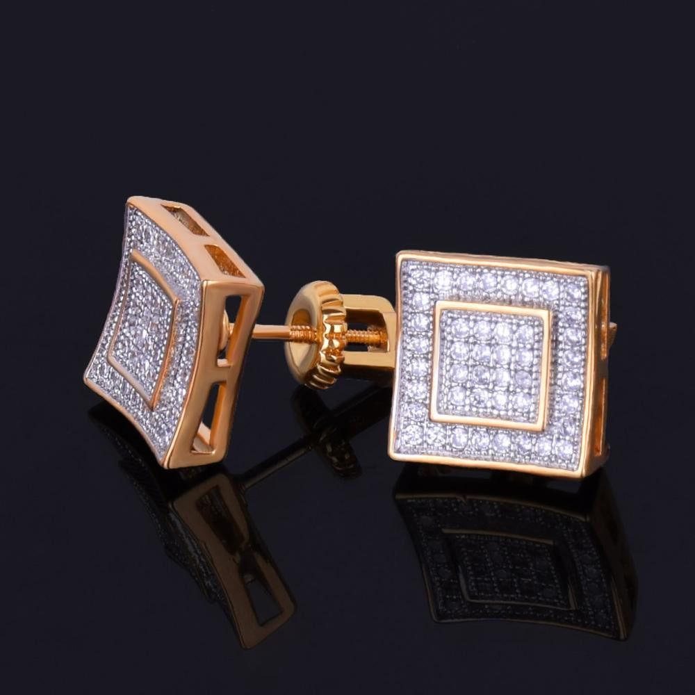 Double Square | 11MM 18k Gold Silver Flooded Ice Stud Hip Hop Screw Back Earrings
