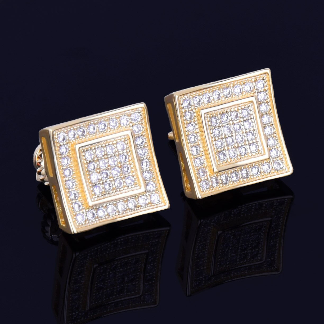Double Square | 11MM 18k Gold Silver Flooded Ice Stud Hip Hop Screw Back Earrings