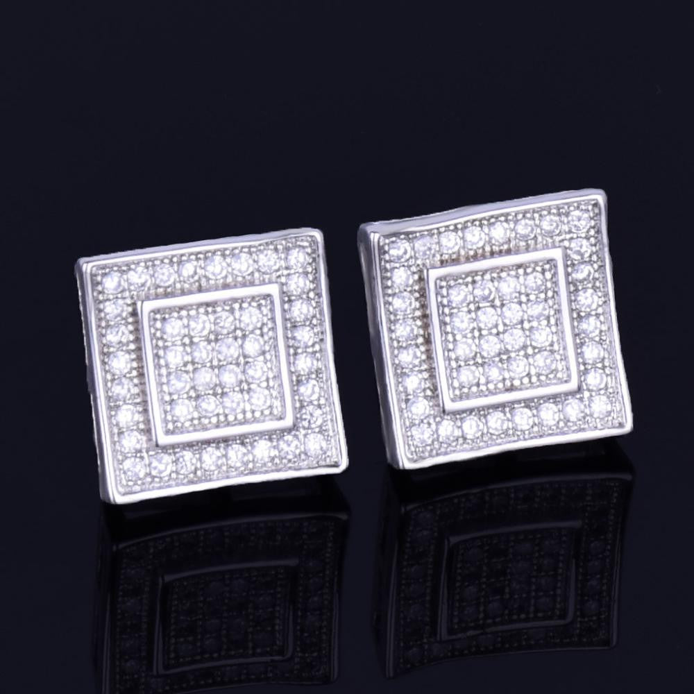 Double Square | 11MM 18k Gold Silver Flooded Ice Stud Hip Hop Screw Back Earrings