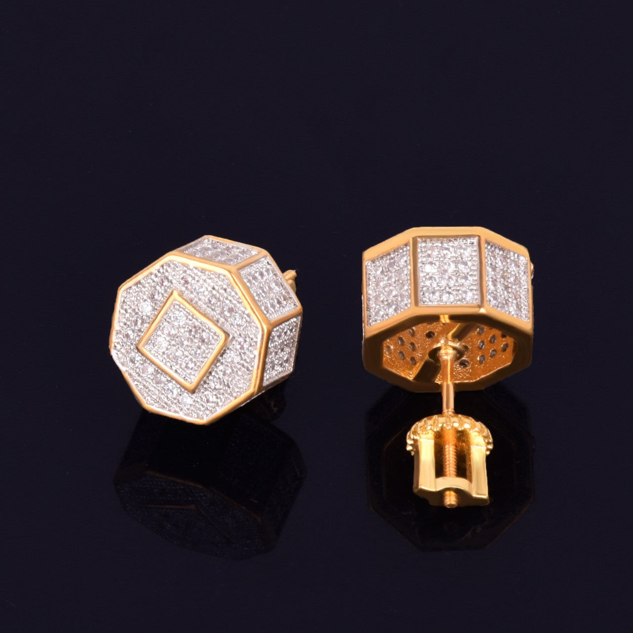 The Octagon | 11MM VVS Diamond CZ 18k Gold .925 Silver Screw Back Hip Hop Earrings