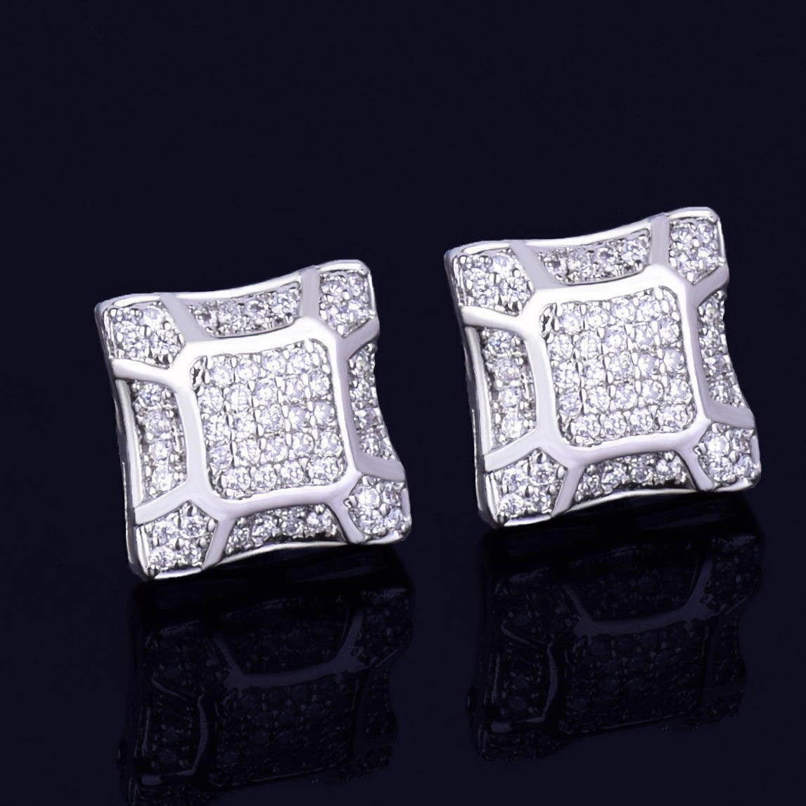 Cracked Ice | 11MM 14k Gold Silver Square Men's Iced Blinged Out Screw Back Earrings