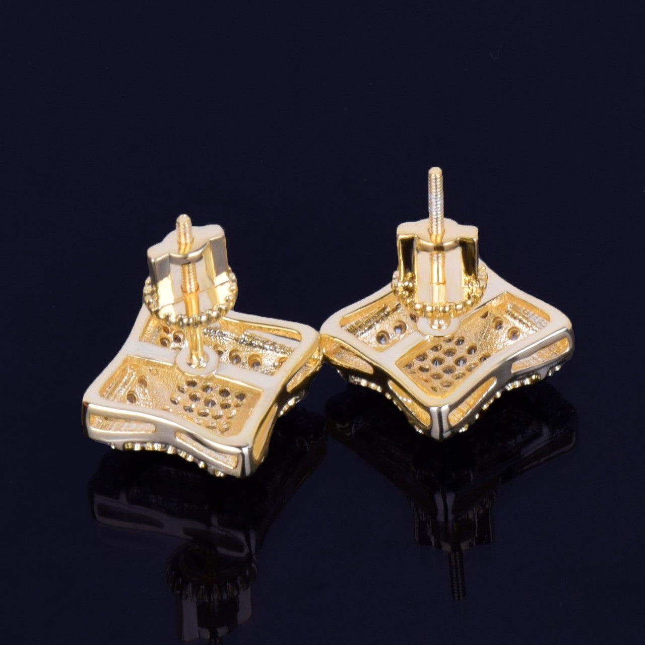 Cracked Ice | 11MM 14k Gold Silver Square Men's Iced Blinged Out Screw Back Earrings