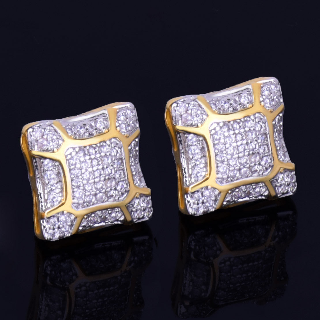 11MM 14k Gold Silver Cracked Square Men&#39;s Stud Big Boy Bling Screw Back Earrings