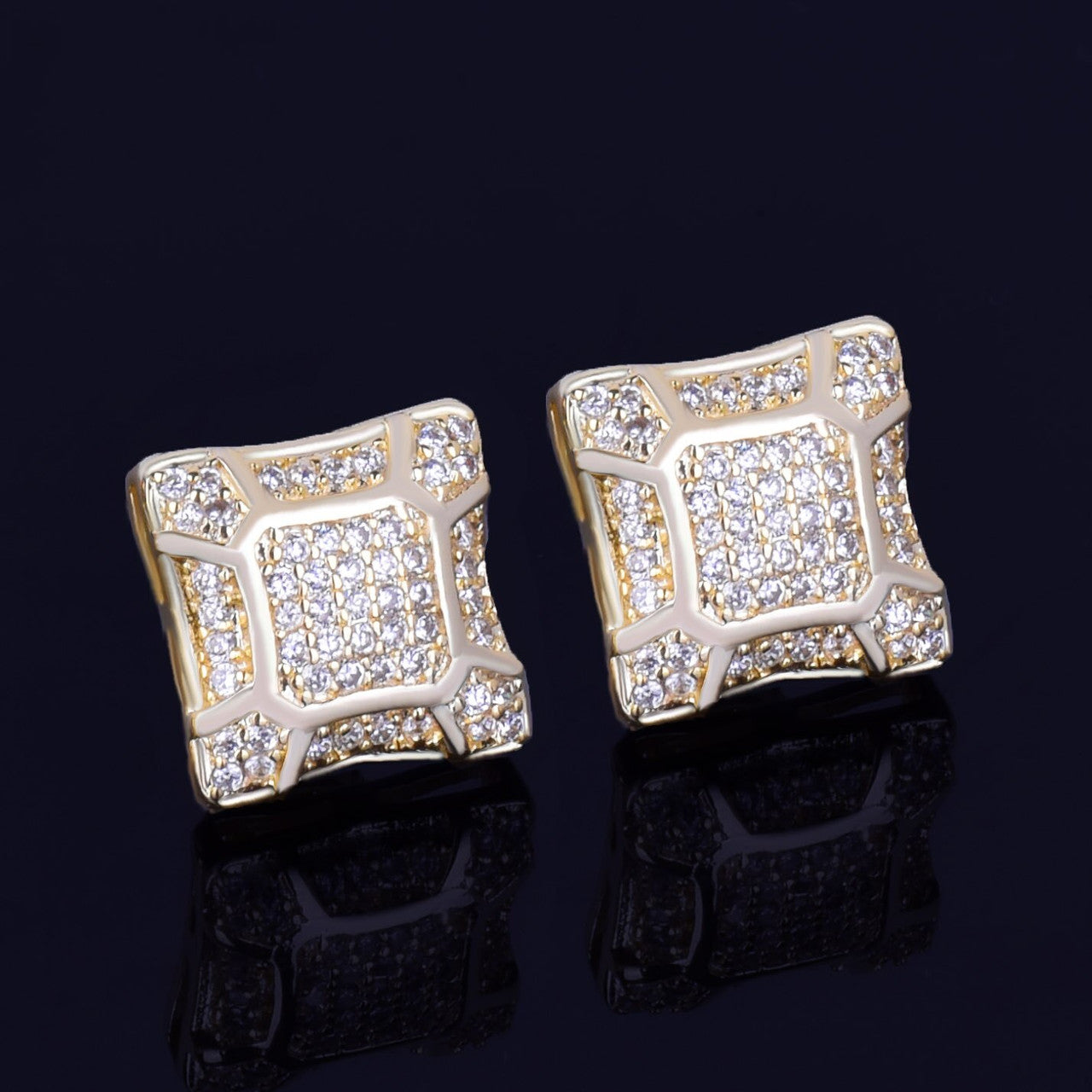 Cracked Ice | 11MM 14k Gold Silver Square Men&#39;s Iced Blinged Out Screw Back Earrings