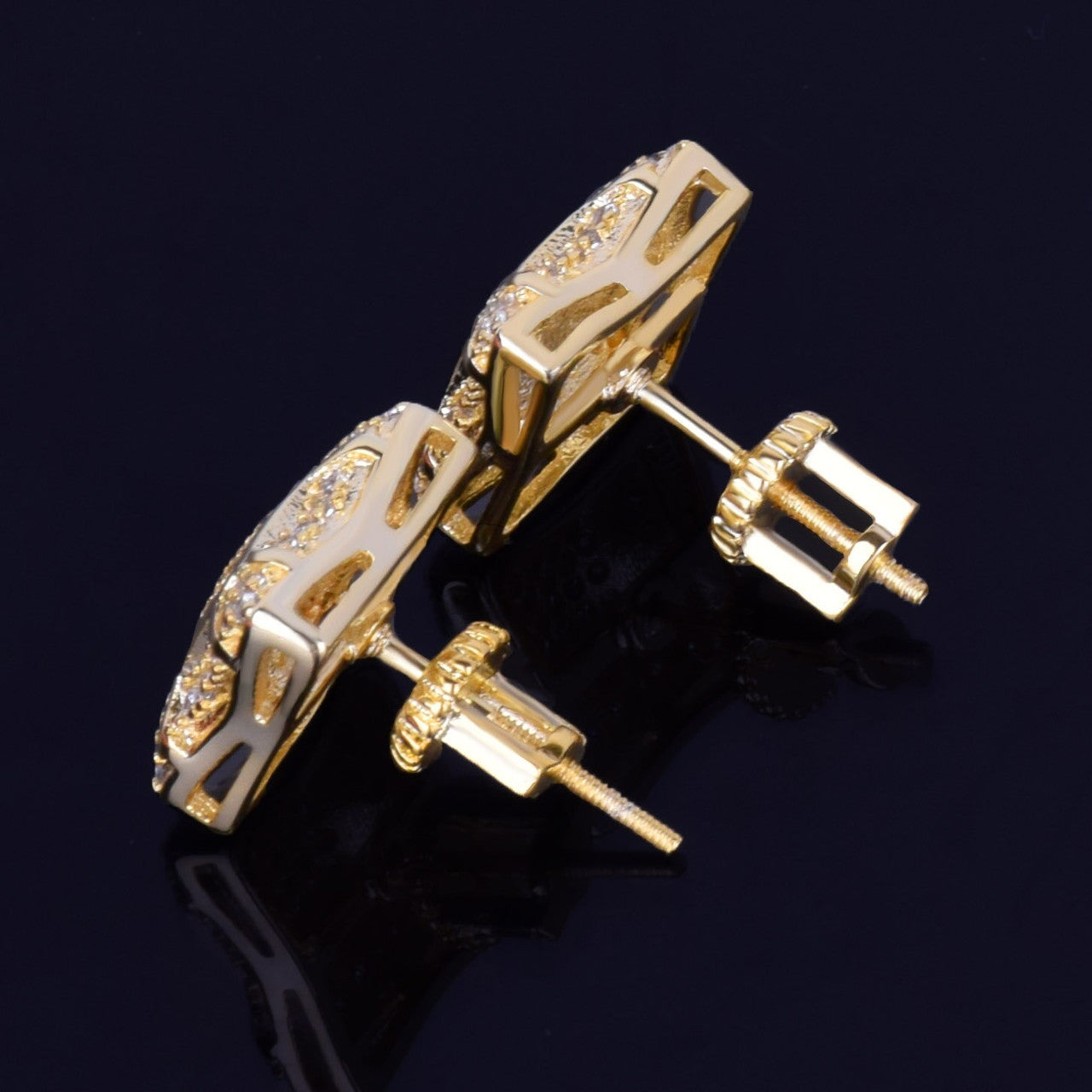 Cracked Ice | 11MM 14k Gold Silver Square Men's Iced Blinged Out Screw Back Earrings