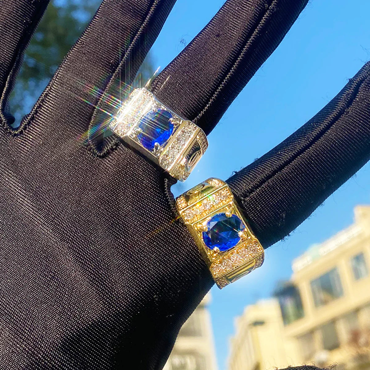 Code Blue | Luxury Iced Blinged Out 4 Prong Set Blue Gemstone Hip Hop Rings