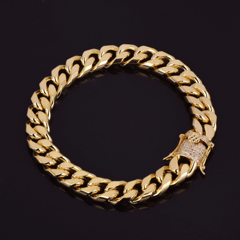 Mens Iced 11mm 24k Gold 925 Silver Hip Hop Miami Cuban Link Bracelet