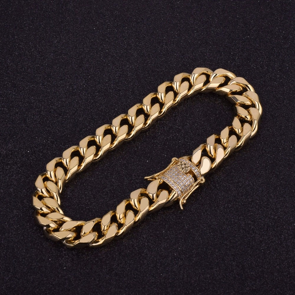 Mens Iced 11mm 24k Gold 925 Silver Hip Hop Miami Cuban Link Bracelet