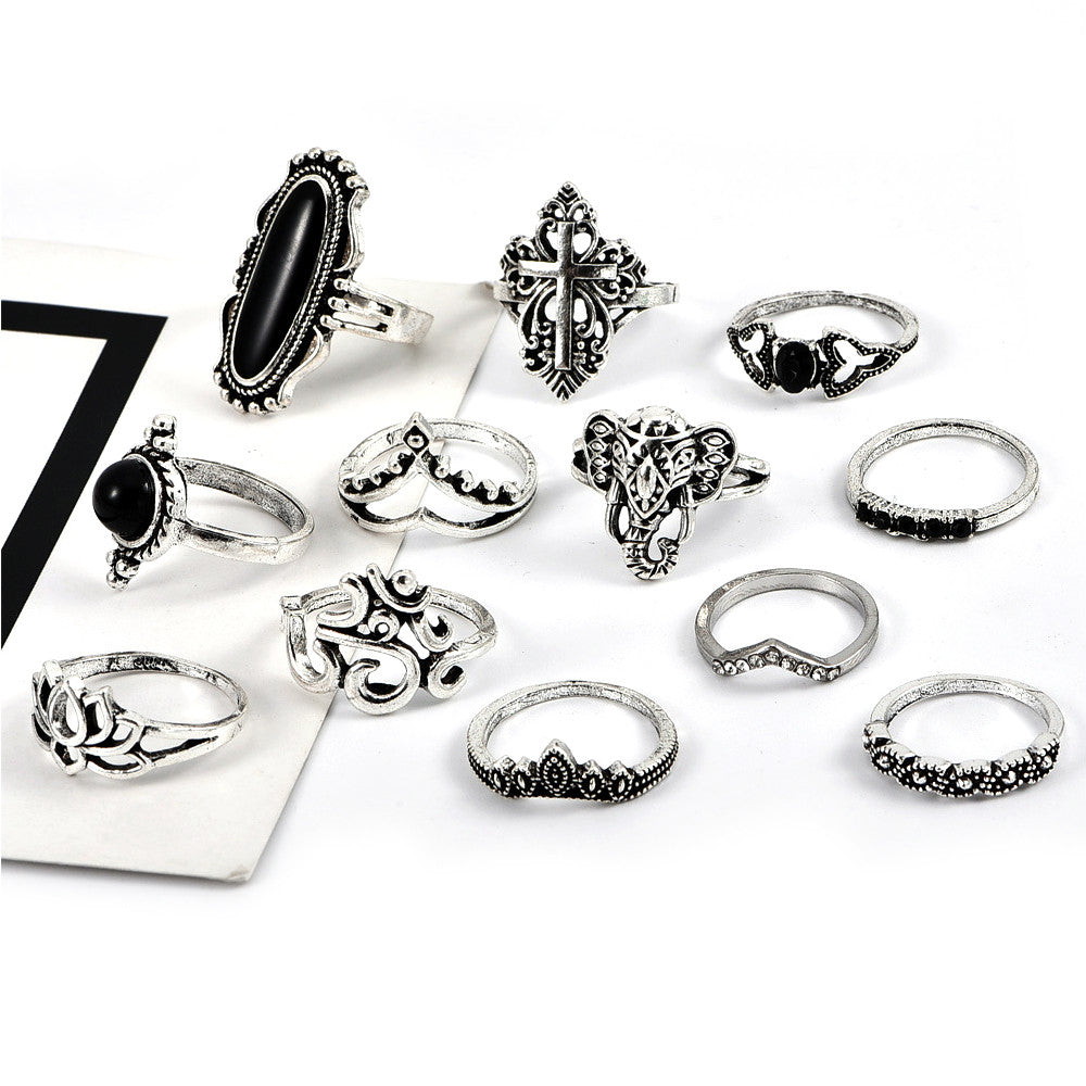 Ladies 12 Piece Big Gem Cross Lotus Elephant Heart Silver Ring Jewelry Set