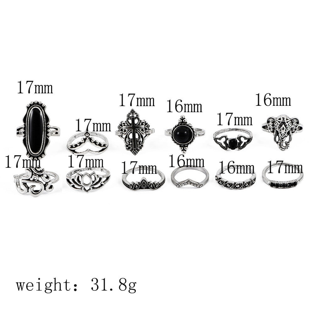 Ladies 12 Piece Big Gem Cross Lotus Elephant Heart Silver Ring Jewelry Set