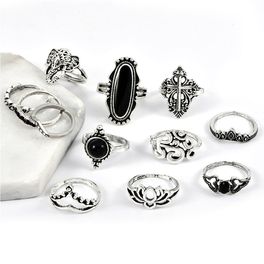 Ladies 12 Piece Big Gem Cross Lotus Elephant Heart Silver Ring Jewelry Set