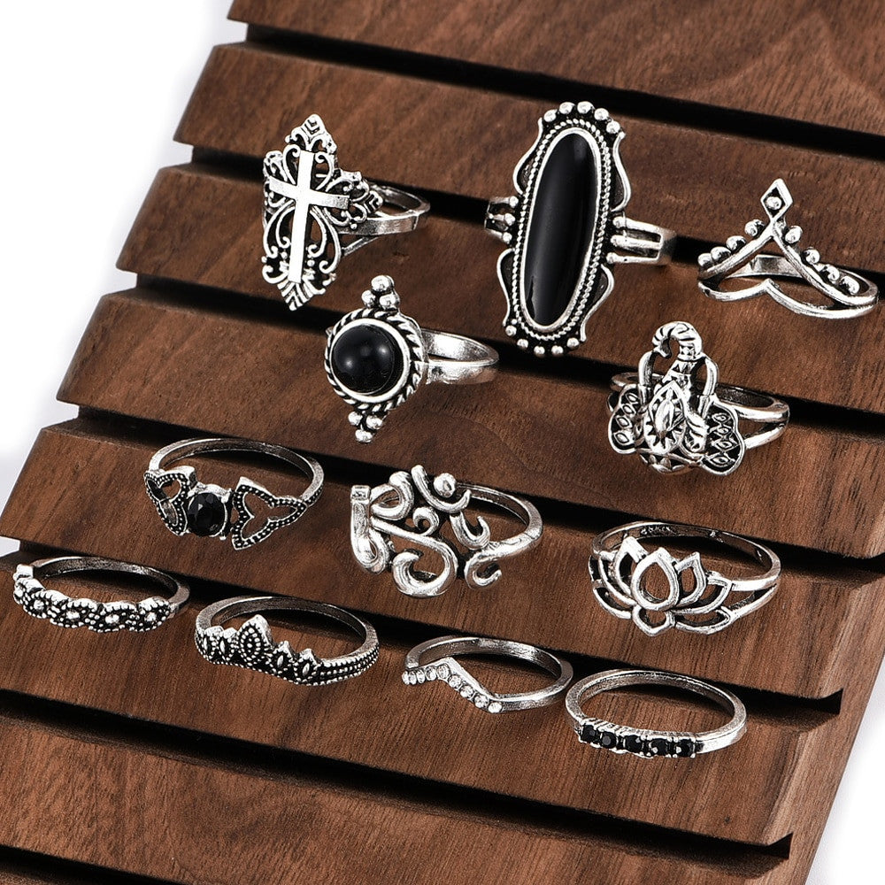 Ladies 12 Piece Big Gem Cross Lotus Elephant Heart Silver Ring Jewelry Set