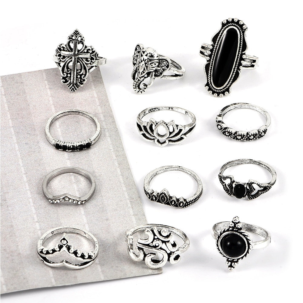 Ladies 12 Piece Big Gem Cross Lotus Elephant Heart Silver Ring Jewelry Set