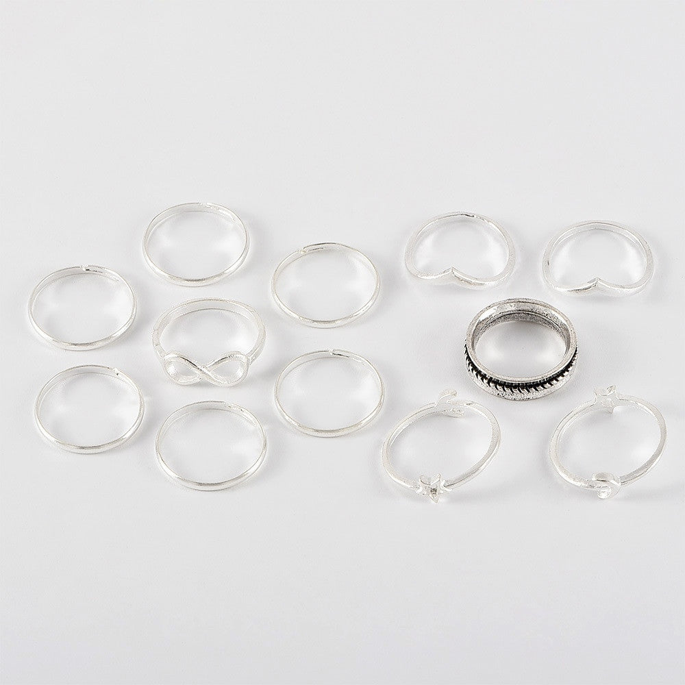 Ladies 13 Piece V Star Moon 8 Word Silver Joint Ring Set