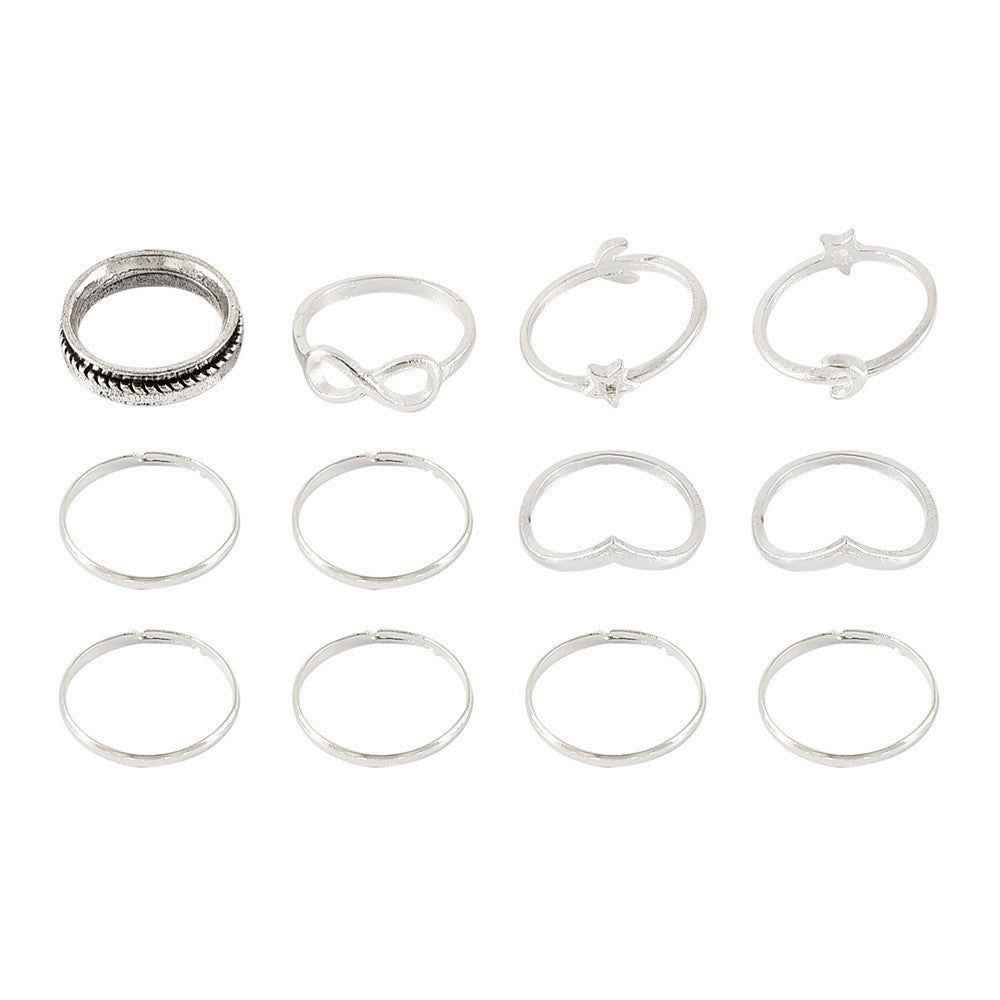Ladies 13 Piece V Star Moon 8 Word Silver Joint Ring Set