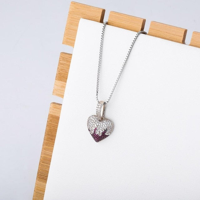 Ladies Solid 925 Sterling Silver Flaming Love Heart AAA Stone Pendant Chain Necklace