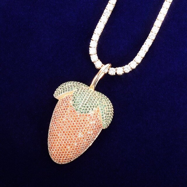 AAA True Micro Pave 18k Gold 925 Silver Strawberry Flooded Ice Pendant Chain Necklace