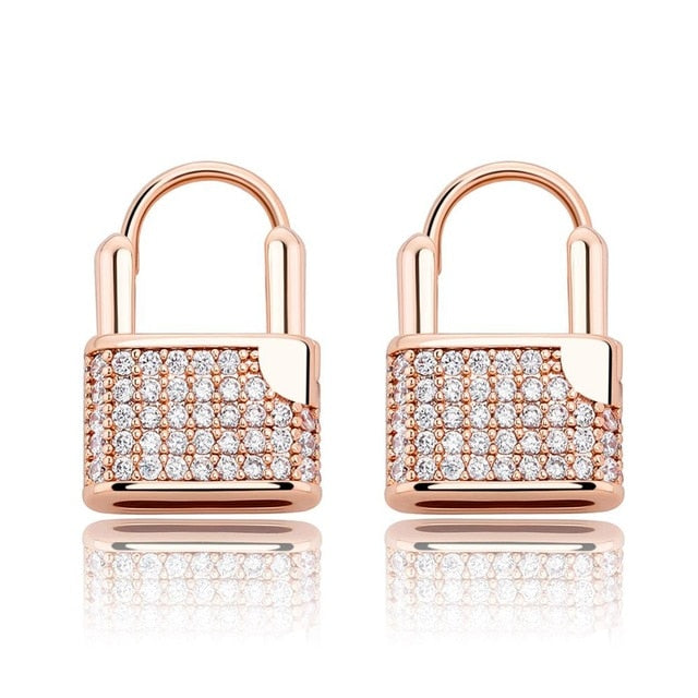 14k Silver Rose Gold Hip Hop Flooded Ice On Lock AAA Micro Pave Bling Earrings