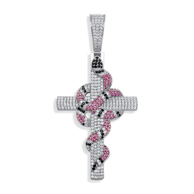 AAA Micro Pave Coral Snake Flooded Ice Hip Hop Cross Pendant Chain Necklace