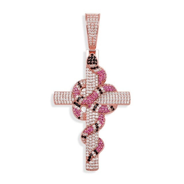 AAA Micro Pave Coral Snake Flooded Ice Hip Hop Cross Pendant Chain Necklace