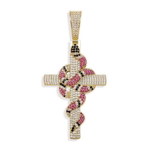 AAA Micro Pave Coral Snake Flooded Ice Hip Hop Cross Pendant Chain Necklace