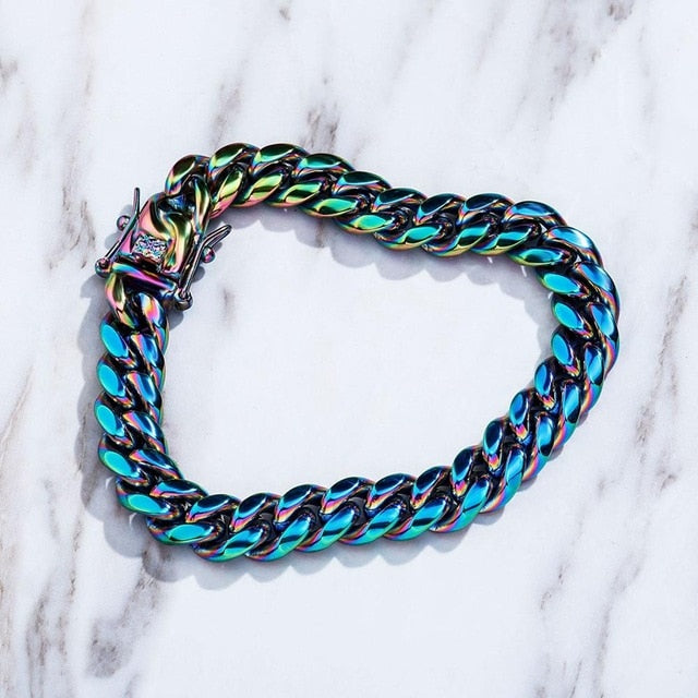 10mm 14mm Stainless Steel Fashion Rainbow Color Cuban Link Hip Hop Bracelet