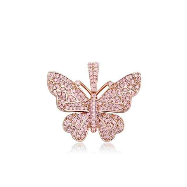 Ladies Bling Bling AAA Micro Pave 14k 925 Rose Gold Hip Hop Butterfly Pendant Necklace