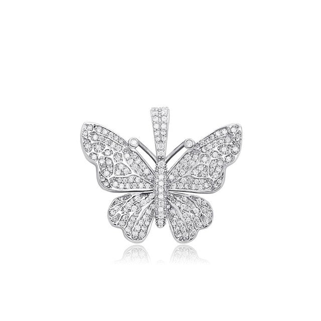 Ladies Bling Bling AAA Micro Pave 14k 925 Rose Gold Hip Hop Butterfly Pendant Necklace
