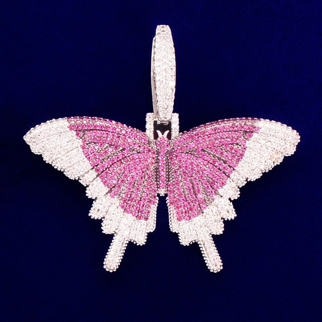 Double Stone 18k Gold 925 Silver AAA Micro Pave Butterfly Hip Hop Pendant Chain Necklace