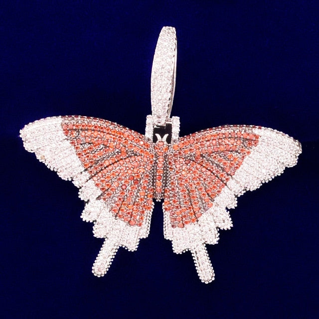 Double Stone 18k Gold 925 Silver AAA Micro Pave Butterfly Hip Hop Pendant Chain Necklace
