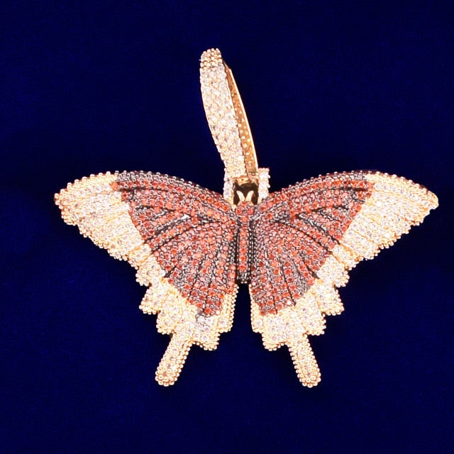 Double Stone 18k Gold 925 Silver AAA Micro Pave Butterfly Hip Hop Pendant Chain Necklace