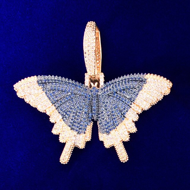Double Stone 18k Gold 925 Silver AAA Micro Pave Butterfly Hip Hop Pendant Chain Necklace